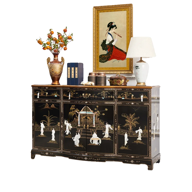 Bright Lacquered Solid Wood Entryway Cabinet – Classical Inlaid Shell Credenza
