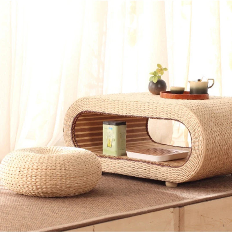Japanese Living Room Coffee Desk Handmade Grass Weaving Tea Table Bay Window Balcony Rectangular Rattan Straw Low Kang Tables