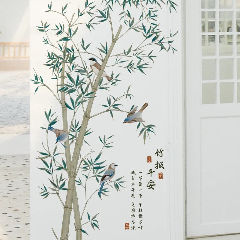Chinese Ink-Style Bamboo & Songbirds Wall Decal – "Bamboo Bless Peace" Calligraphy Mural