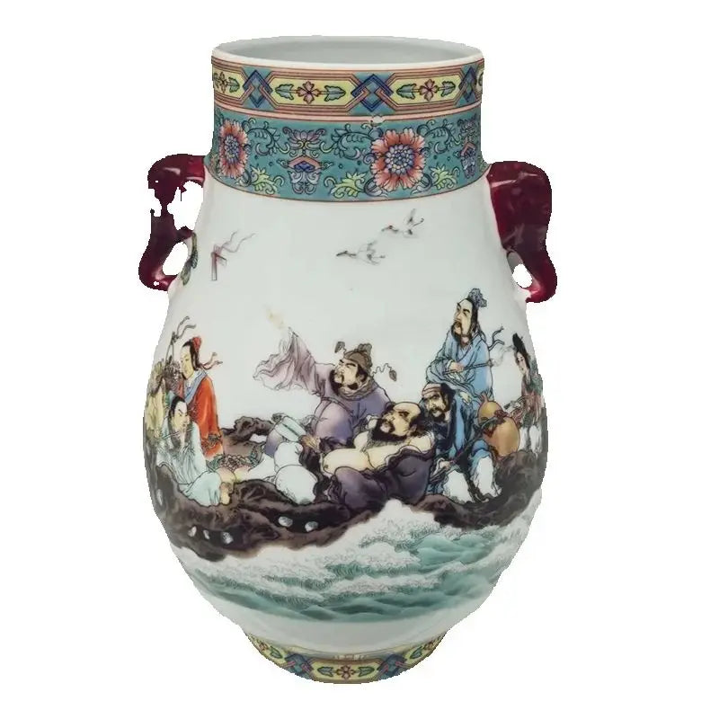 Chinese Old Design Porcelain Double Eared Big Belly Vase Pastel Eight Immortals
