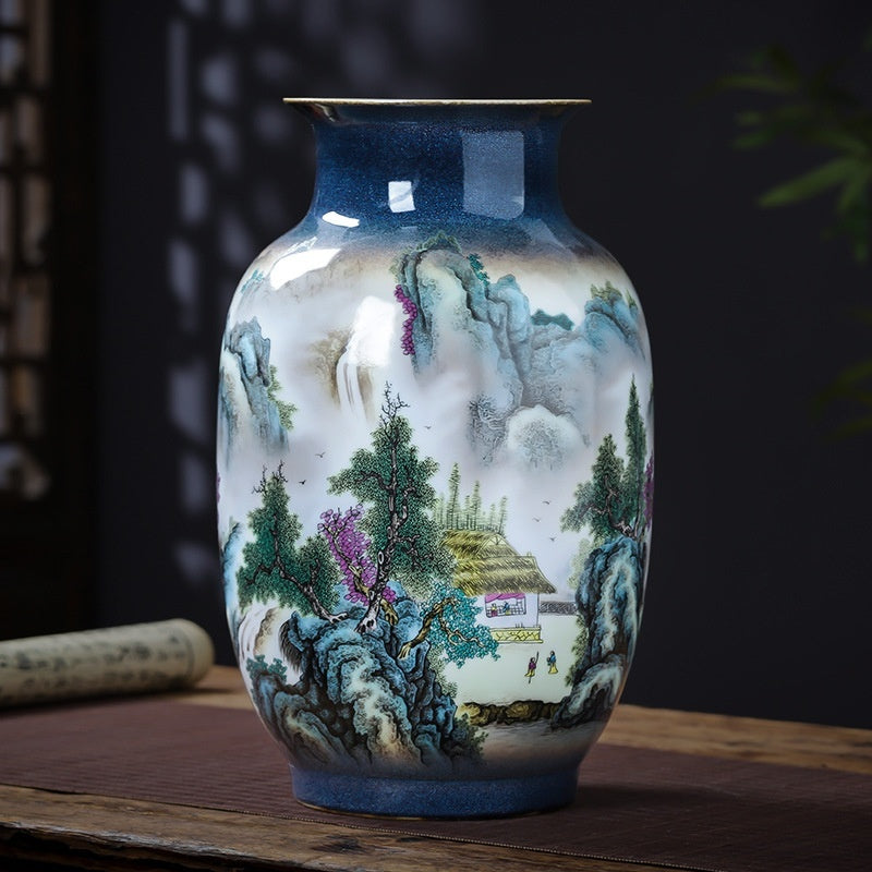 New Chinese-style Pastel Landscape Floral Ceramic Vase
