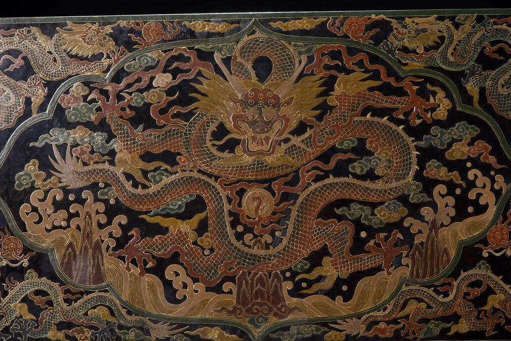 Vintage Chinese Wooden Lacquerware Altar Tea Table Outlined in Gold Dragon Design