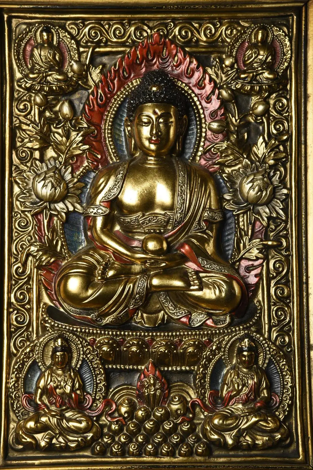 25" Xizang Vintage Lacquerware Gilded True Gold Painted Shakyamuni Two-sided Thangka Screen Insertion