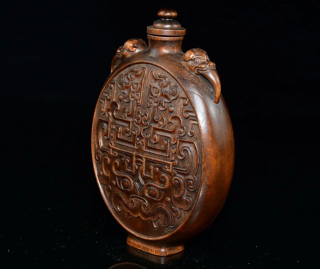 Tibetan Boxwood Flower Carved Snuff Bottle Dragon-Ear Vase