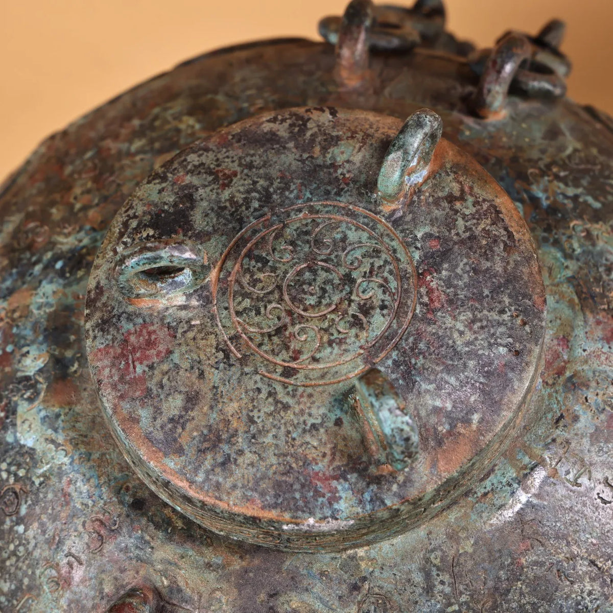 Tibetan Temple Bronze Beam-Handled Jar – Verdigris & Cinnabar Beast-Head Pot (7")
