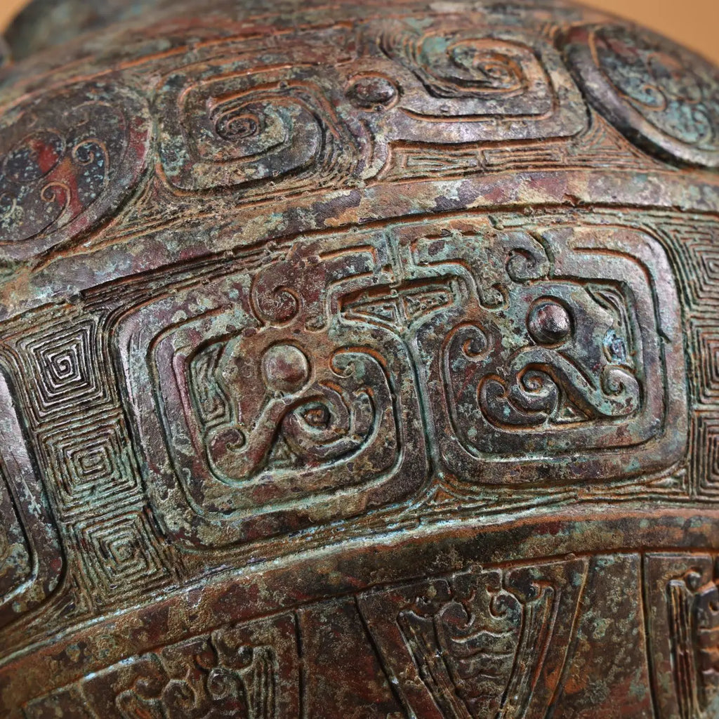 Tibetan Temple Bronze Beam-Handled Jar – Verdigris & Cinnabar Beast-Head Pot (7")