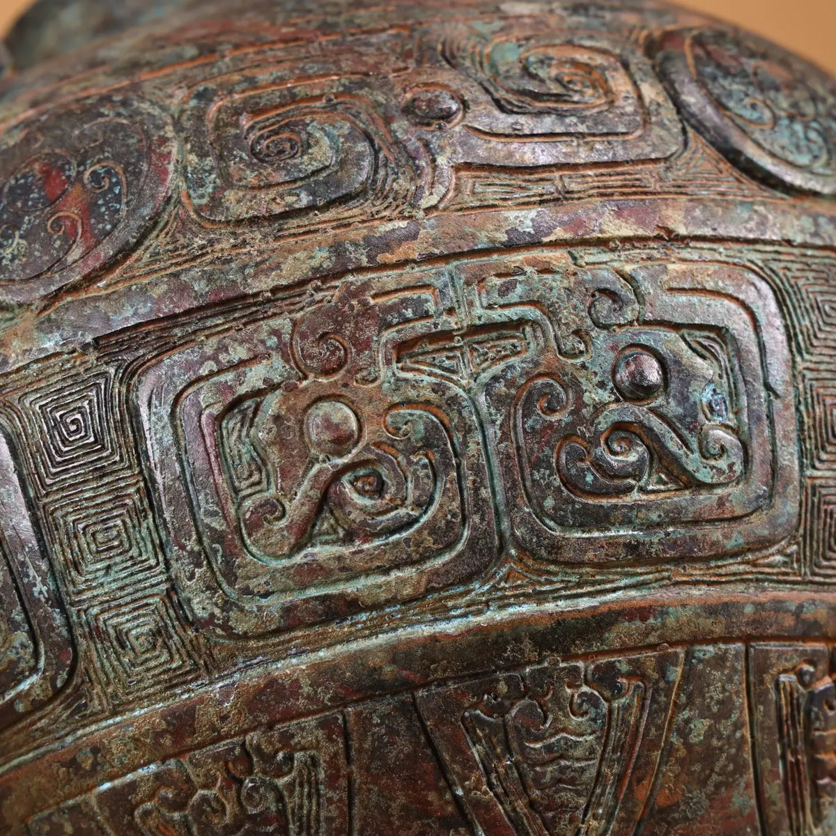 Tibetan Temple Bronze Beam-Handled Jar – Verdigris & Cinnabar Beast-Head Pot (7")