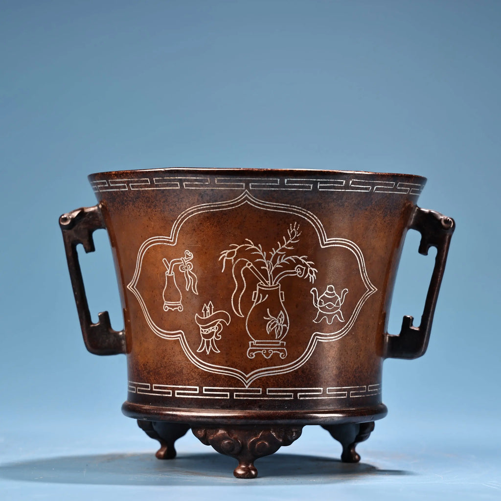 Tibetan Temple Purple-Bronze Incense Burner – Semi‑Antique Ruyi Ear Censer with Silver Inlay (6")