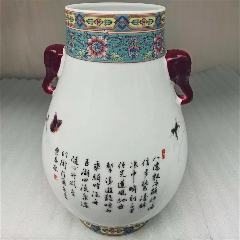 Chinese Old Design Porcelain Double Eared Big Belly Vase Pastel Eight Immortals