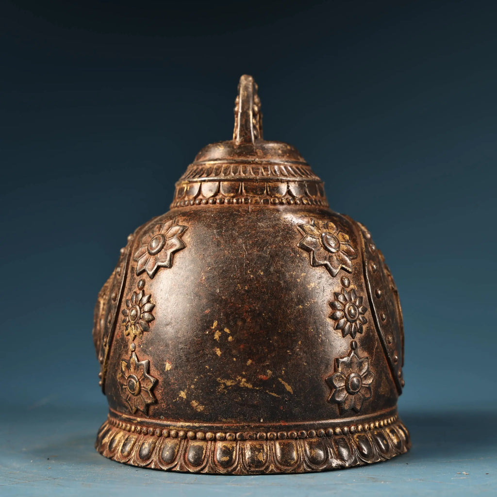 Tibetan Temple Gilded Shakyamuni Bell – Old Bronze Buddha-Head Pattern (6")