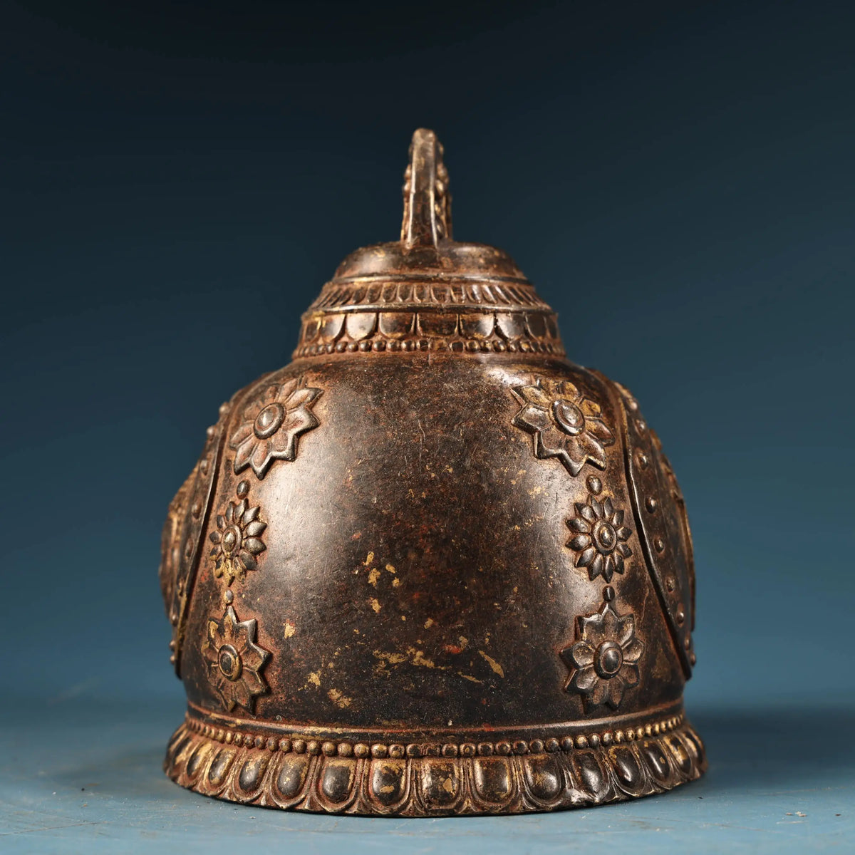 Tibetan Temple Gilded Shakyamuni Bell – Old Bronze Buddha-Head Pattern (6")