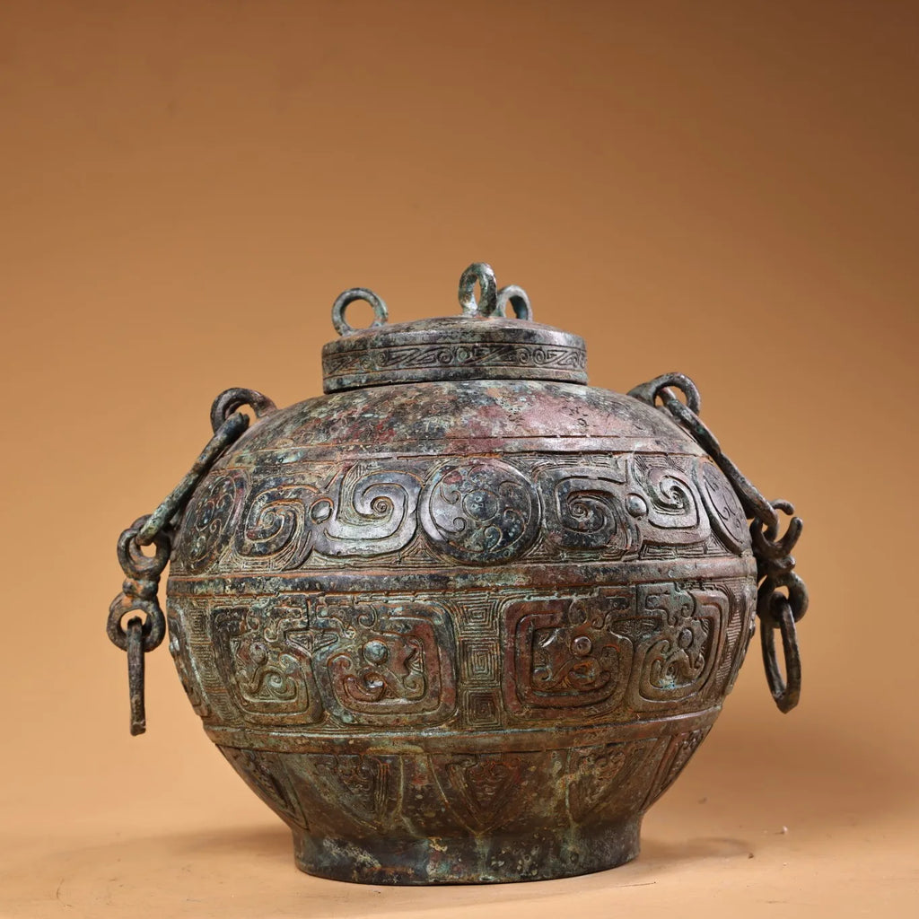 Tibetan Temple Bronze Beam-Handled Jar – Verdigris & Cinnabar Beast-Head Pot (7")