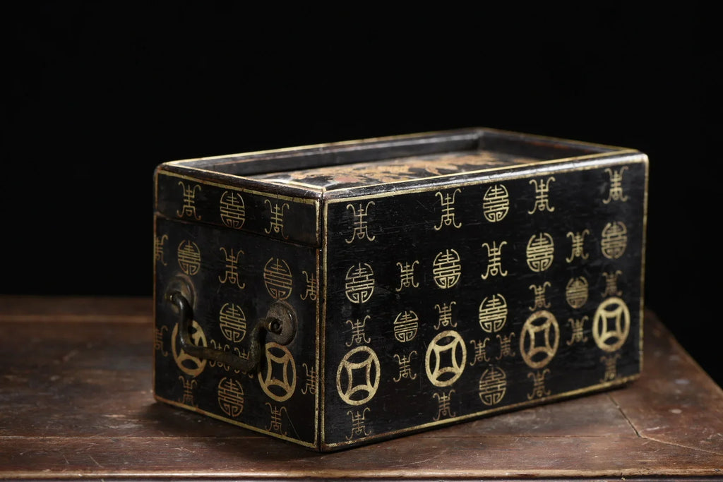 Old Wood Lacquerware Outline in gold Eight Treasures of Tuanshou Pattern Portable Buddhist niche Drawer box Ornaments
