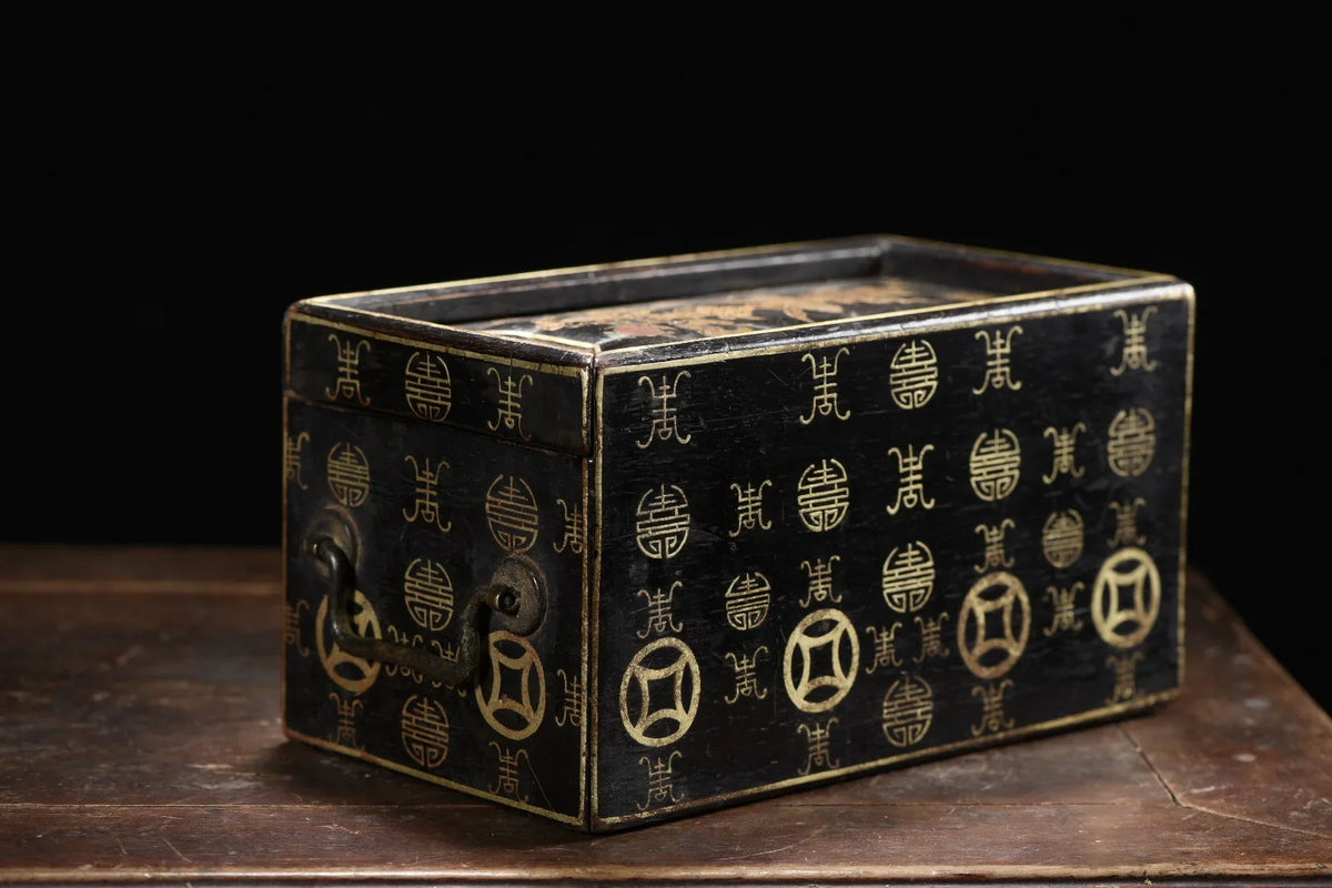 Old Wood Lacquerware Outline in gold Eight Treasures of Tuanshou Pattern Portable Buddhist niche Drawer box Ornaments
