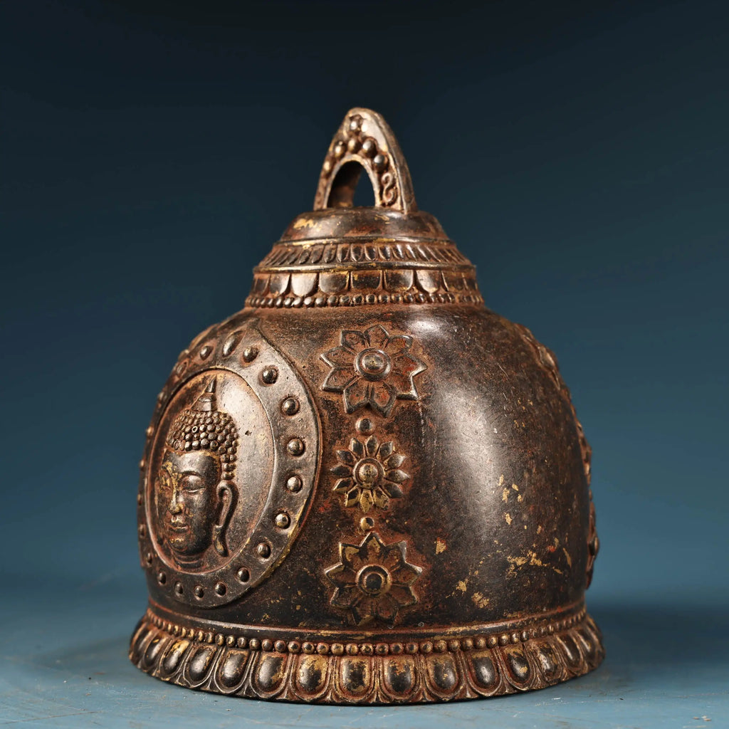 Tibetan Temple Gilded Shakyamuni Bell – Old Bronze Buddha-Head Pattern (6")