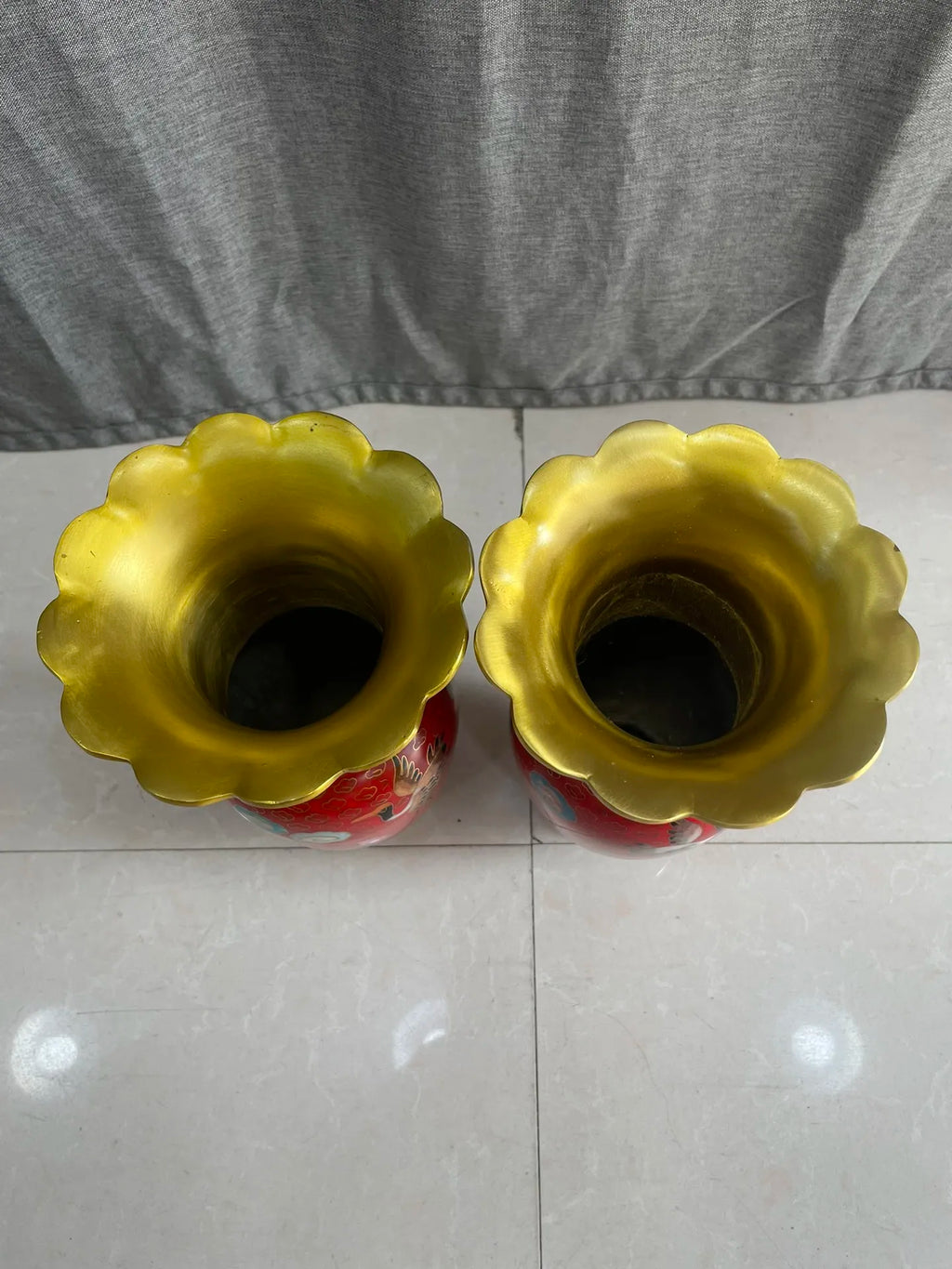 Tibetan Bronze Cloisonné Longevity Crane Vases (Pair, 9")