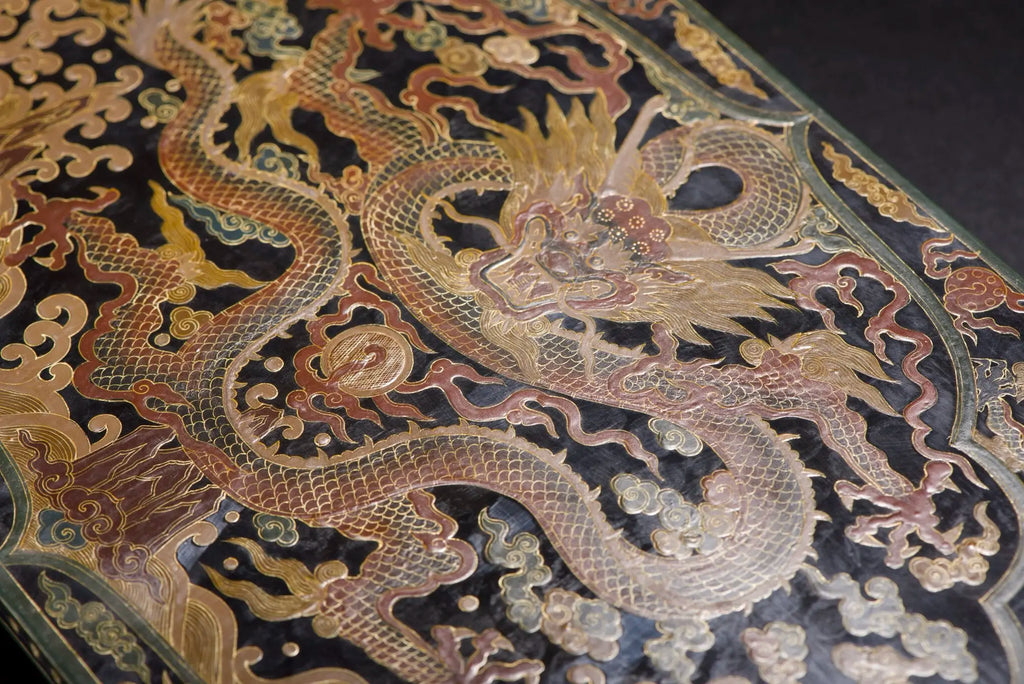 Vintage Chinese Wooden Lacquerware Altar Tea Table Outlined in Gold Dragon Design