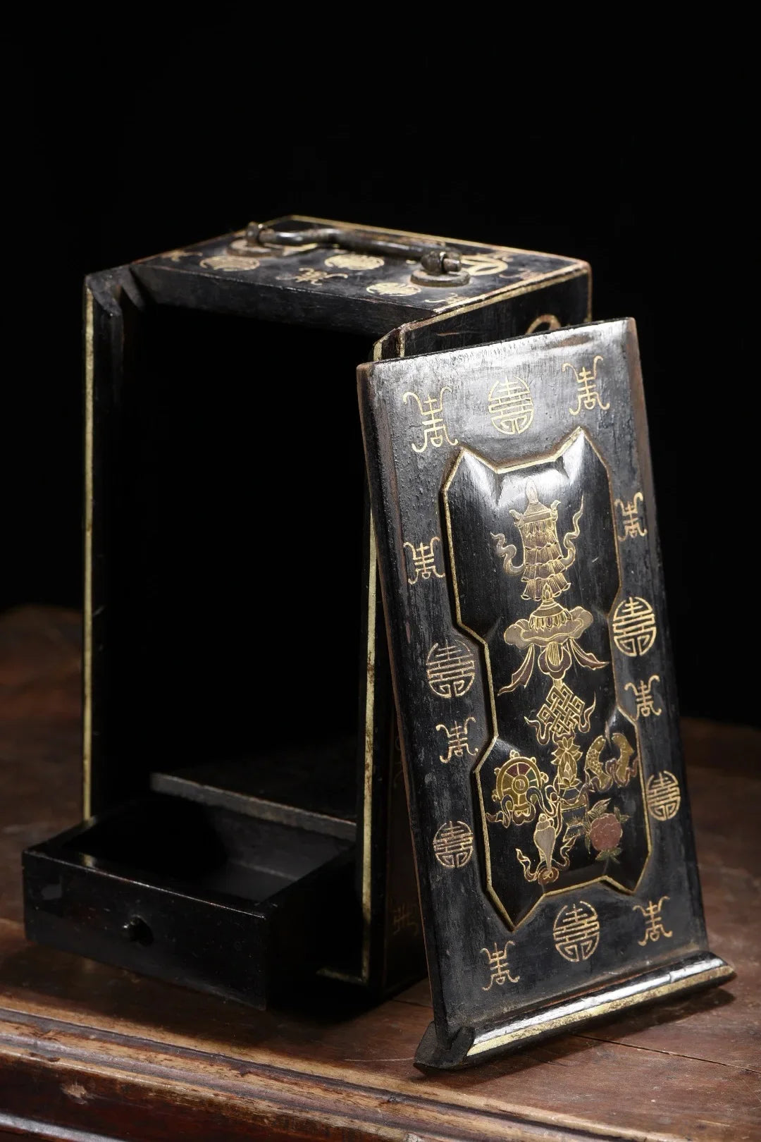 Old Wood Lacquerware Outline in gold Eight Treasures of Tuanshou Pattern Portable Buddhist niche Drawer box Ornaments
