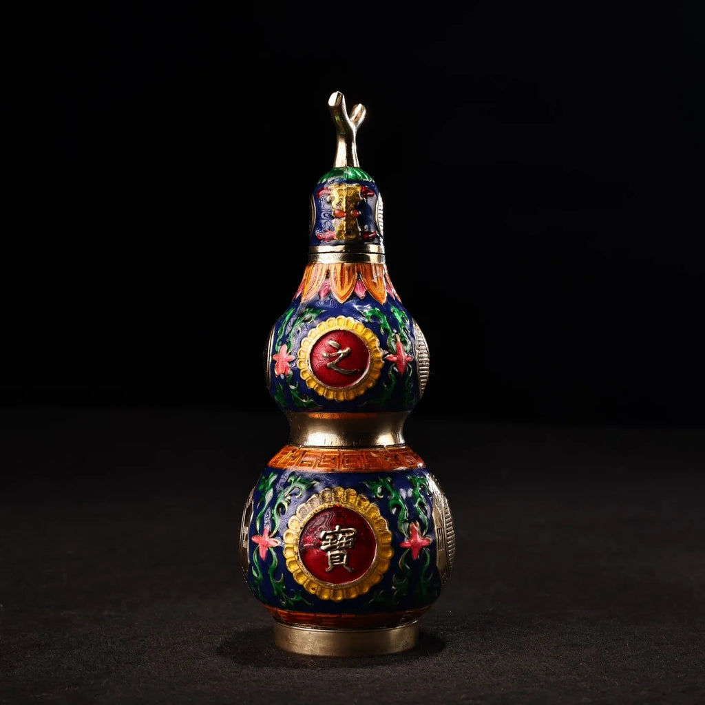 Tibetan Temple Taiji Gourd – Bronze Cloisonné Eight Trigrams Wealth & Protection Amulet (6")