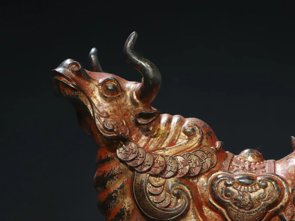 Tibetan Temple Bronze Zodiac Bull – Cinnabar & Mud-Gold Wealth Cattle (14")