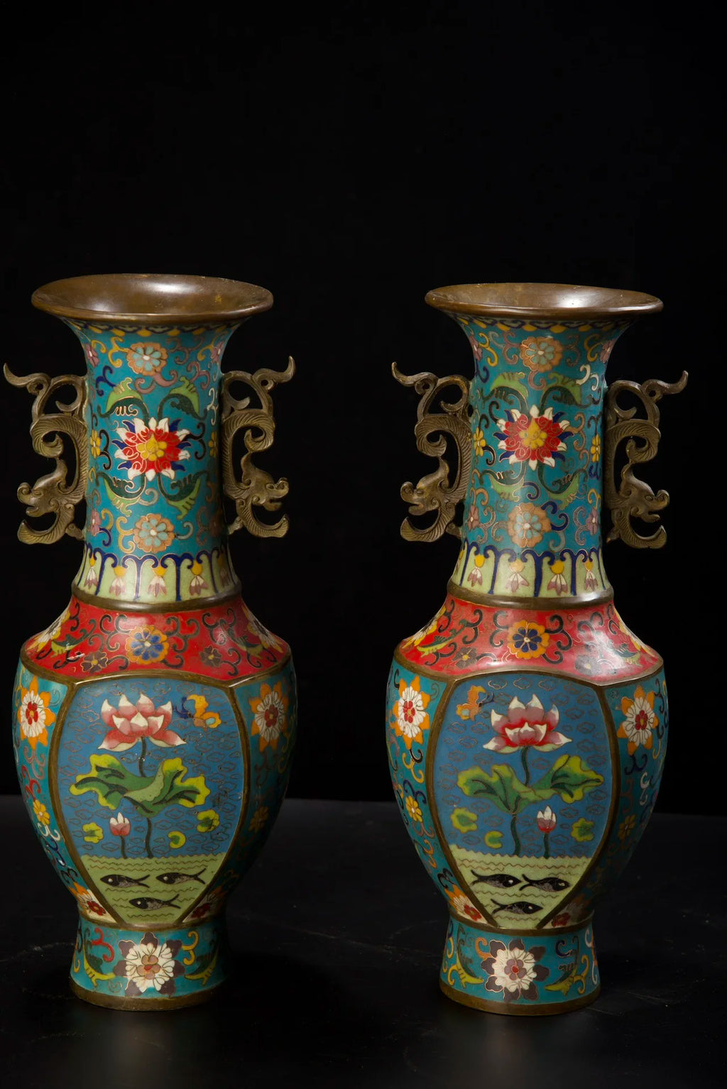 Tibetan Temple Cloisonné Lotus Vases – Old Bronze Dragon-Ear Pair (15")