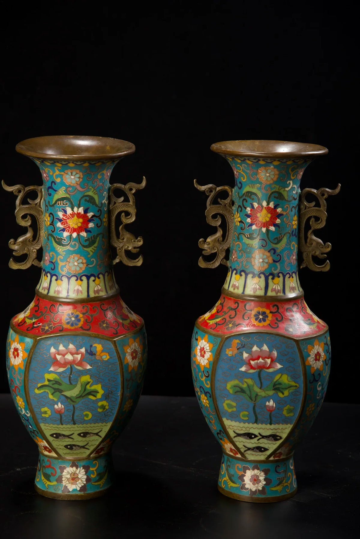 Tibetan Temple Cloisonné Lotus Vases – Old Bronze Dragon-Ear Pair (15")