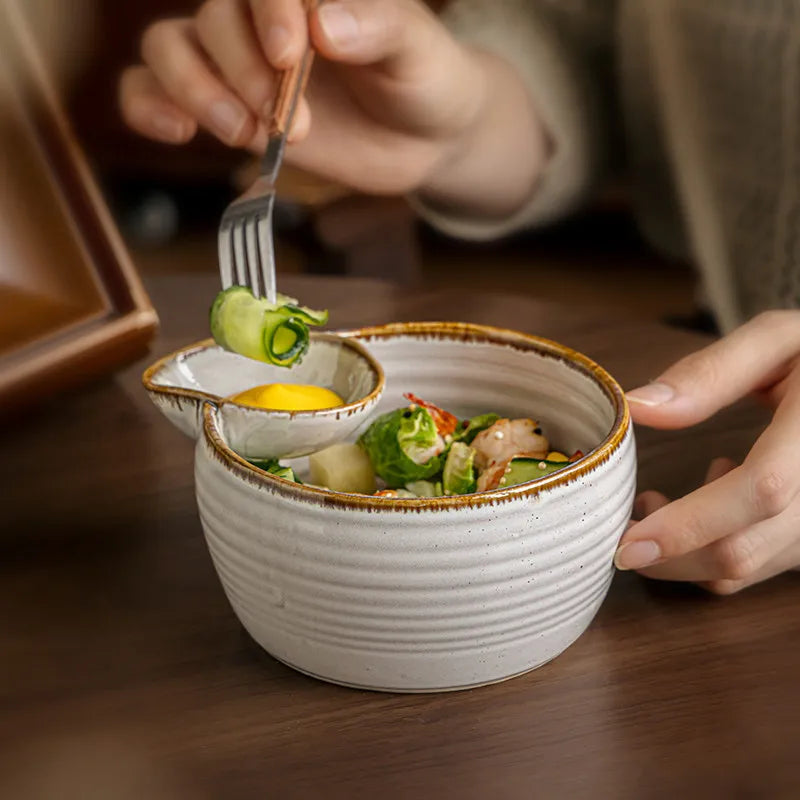 Japanese Ceramic Salad Bowl with Integrated Dip Cup – Reactive Glaze Serving Bowl