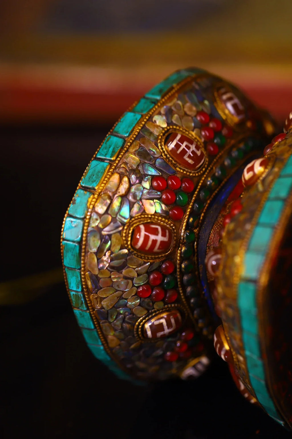 Vintage Tibetan Temple Turquoise Mosaic Damaru – Gzi Bead & Shell Buddhist Drum