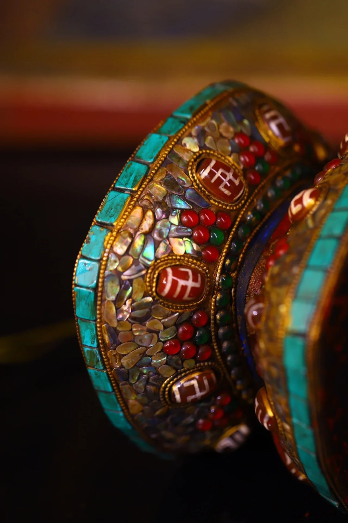 Vintage Tibetan Temple Turquoise Mosaic Damaru – Gzi Bead & Shell Buddhist Drum