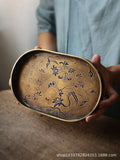 Imitation Bronze Teapot Pad – Painted “Brass” Plate Tea Tray with Seal-Cutting Motif