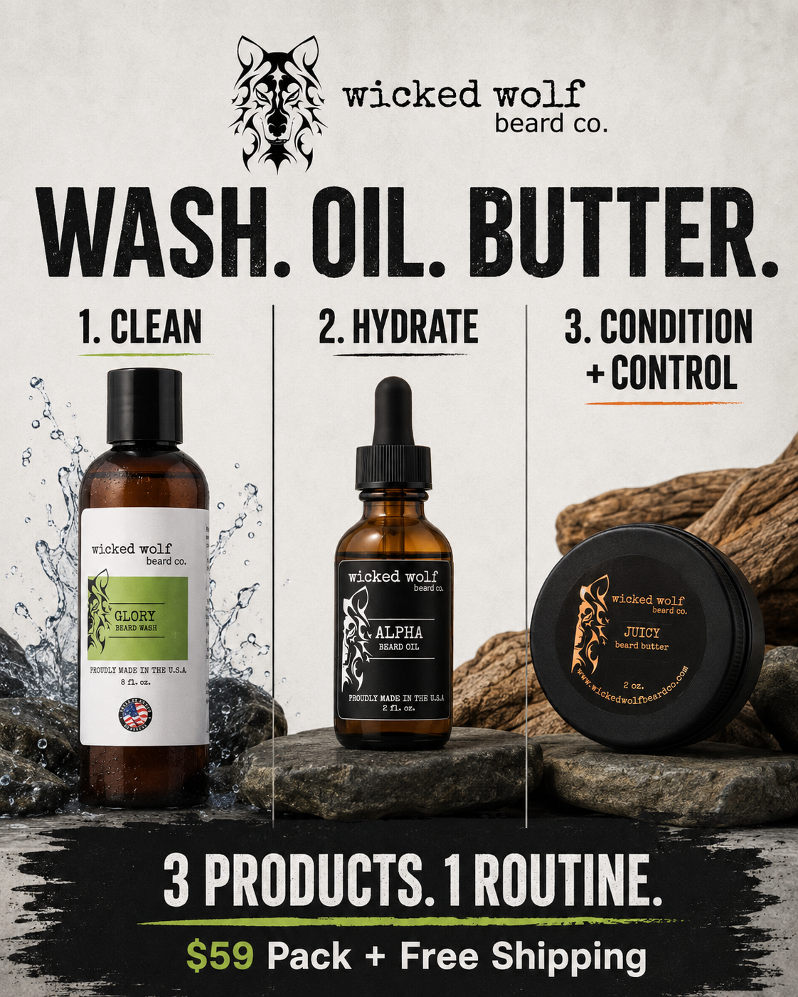 Wicked Wolf Pack | Complete Beard Care Kit (Wash, Oil & Butter)