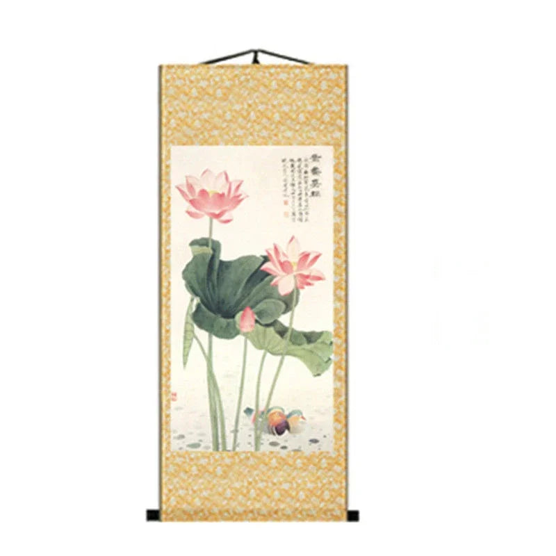 Chinese Style Lotus Scroll Paintings Wall Art Posters Vintage Room Decor Aesthetic Wall Hanging Living Room Office Picture Mural