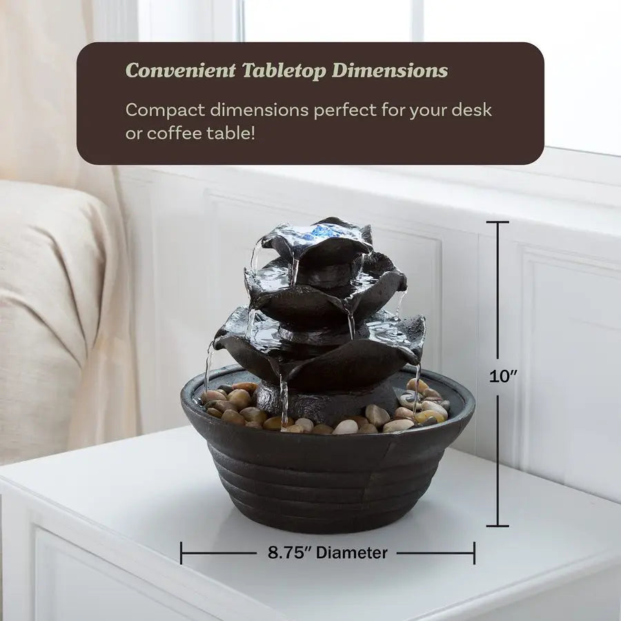 Fountain with LED Lights Cascading 3Tier Lighted Tabletop Water Feature with Soothing Sound Zen Decor for Home or Office by