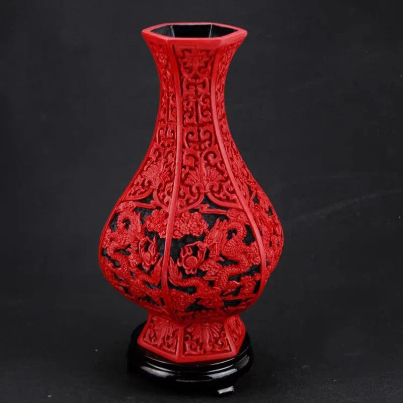 Red Lacquer Dragon Vase, 10" Chinese Auspicious Decor