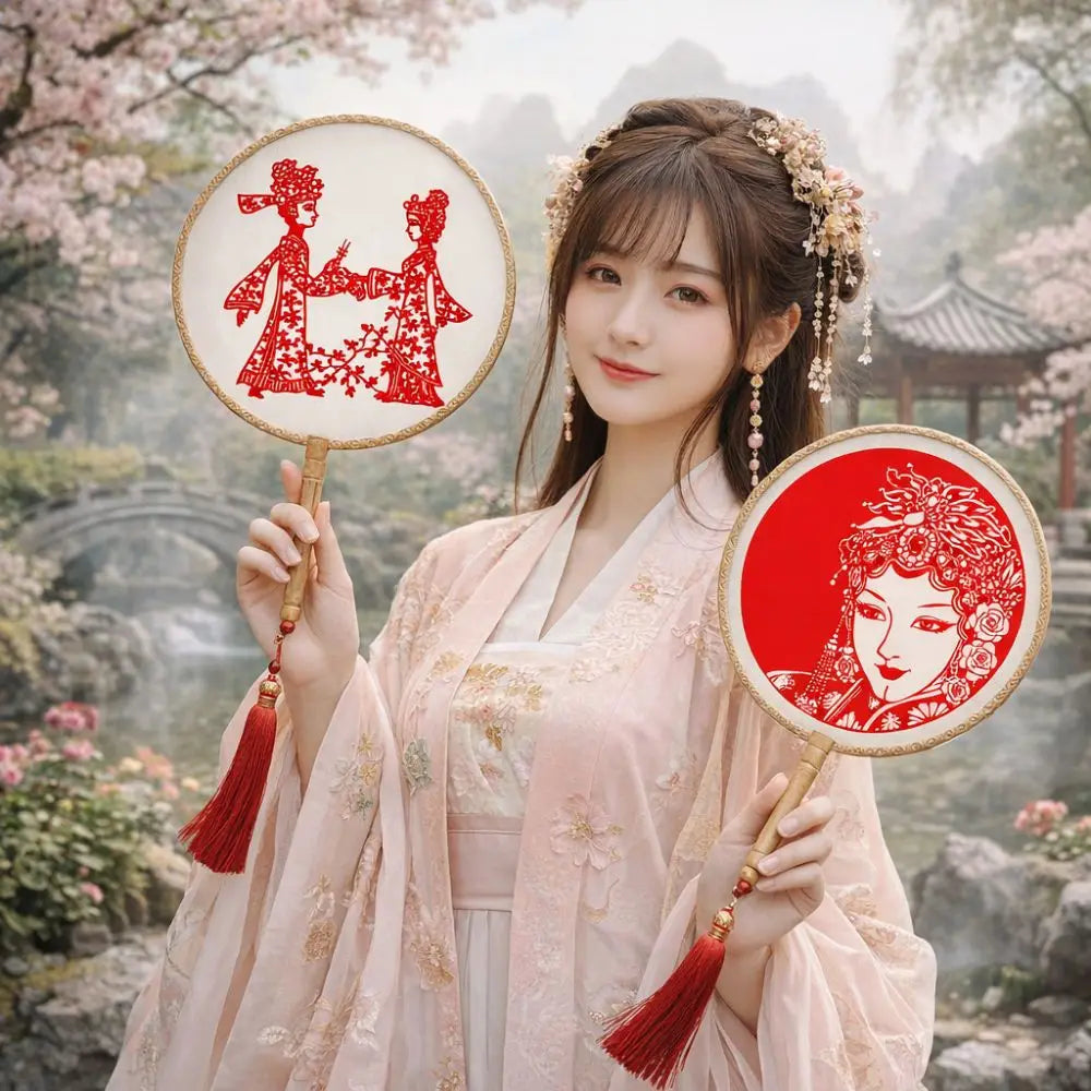 Chinese Paper-Cut Bamboo Silk Hand Fan with Tassel
