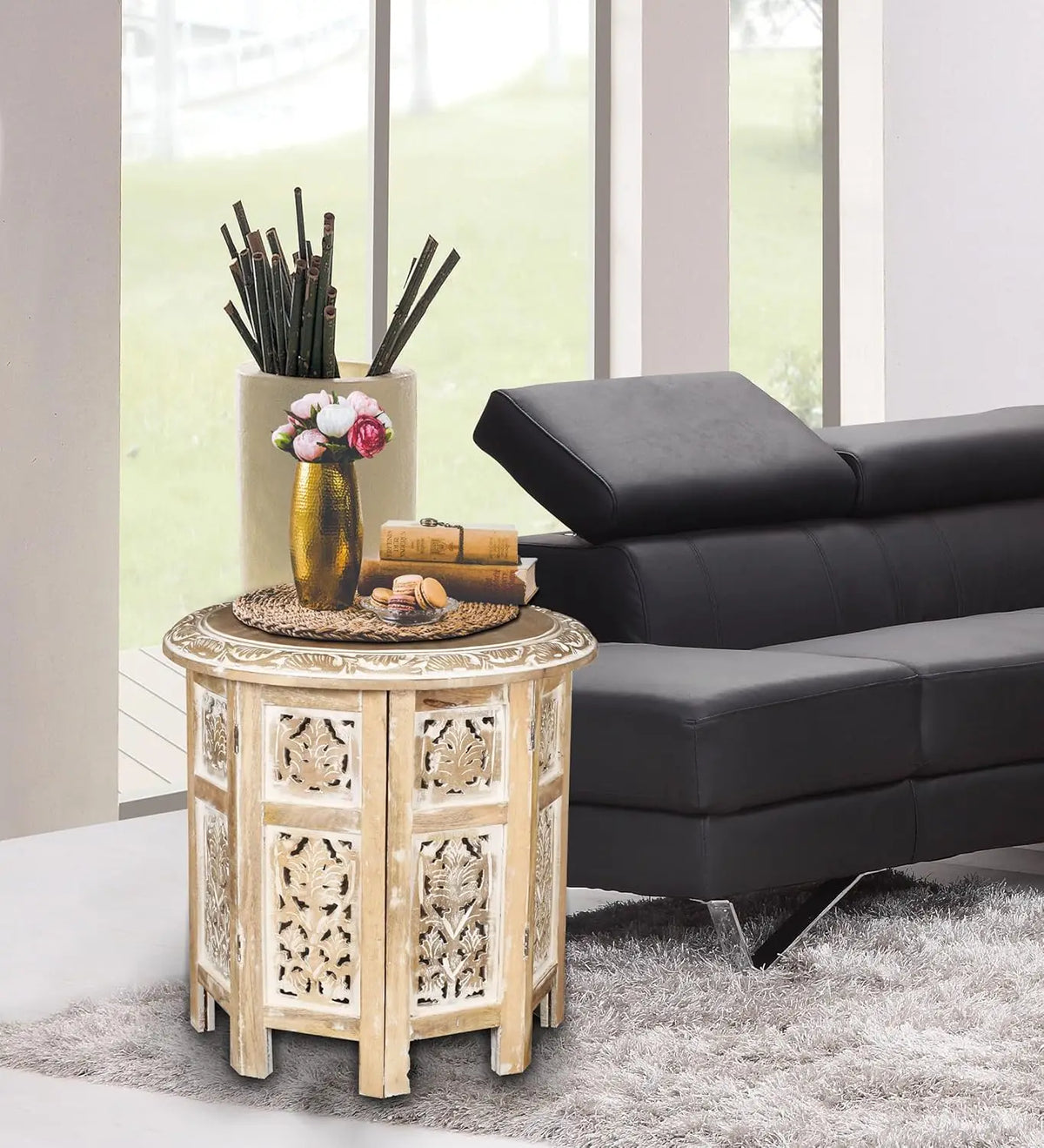 Wooden Coffee Table, Round End Table, Hand-Carved Side Table – 18" Octagonal, White Wash
