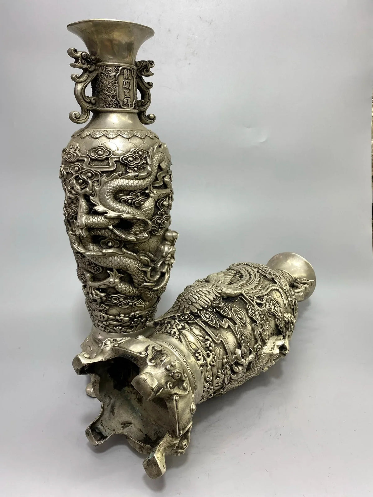 Tibetan Temple Vintage Bronze Pixiu Ear Vase – Gilded Silver Dragon & Phoenix (15")