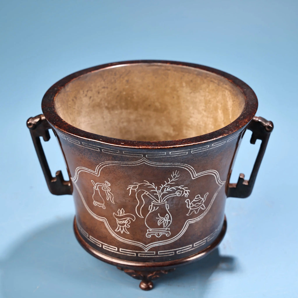 Tibetan Temple Purple-Bronze Incense Burner – Semi‑Antique Ruyi Ear Censer with Silver Inlay (6")
