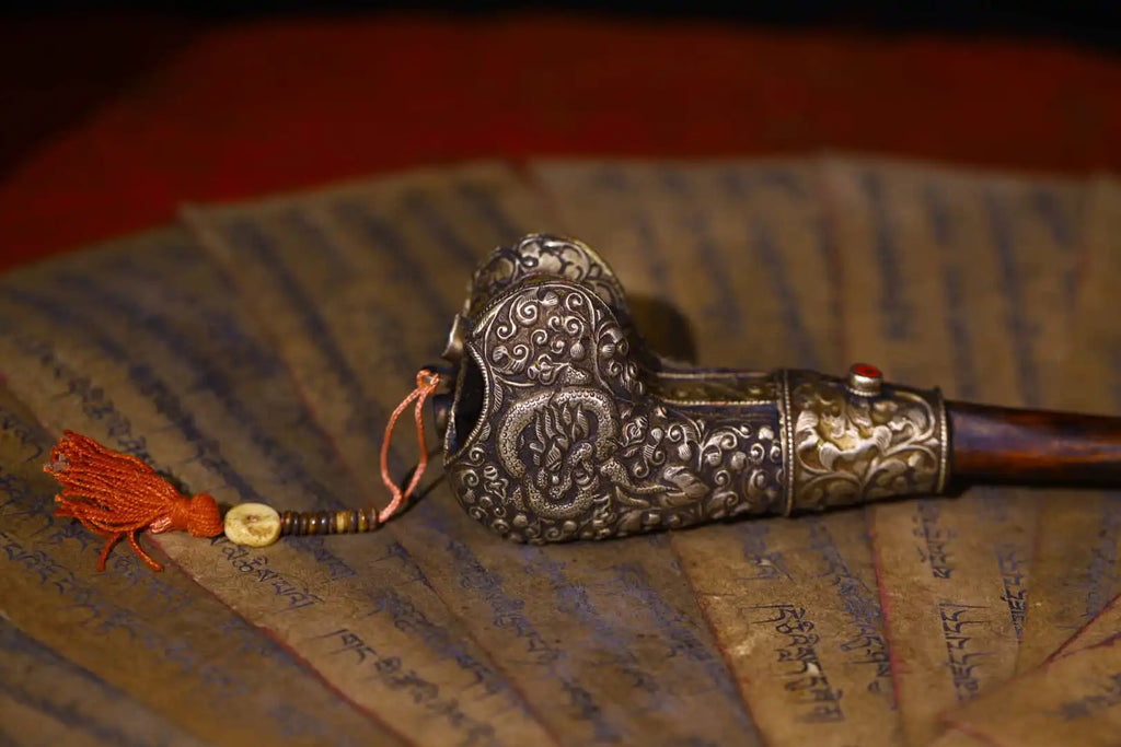 10" Vintage Nepalese Temples Old Yak Bone Mosaic Gem Tibetan Silver Kangling Buddha Horn Trumpet Amulet