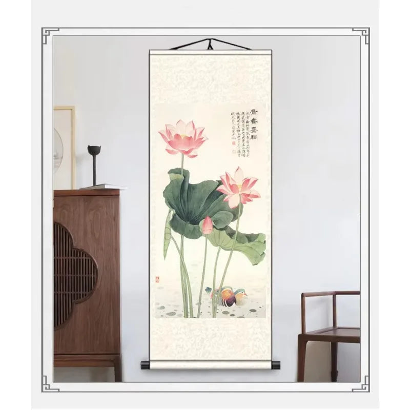 Chinese Style Lotus Scroll Paintings Wall Art Posters Vintage Room Decor Aesthetic Wall Hanging Living Room Office Picture Mural