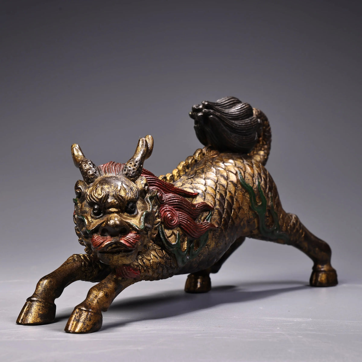 Tibetan Bronze Painted Kirin Wealth Guardian Statue