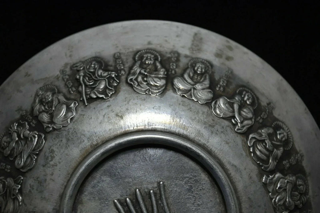 Old Tibetan Silver Lohan Plate – Buddhist Temple Offering Dish