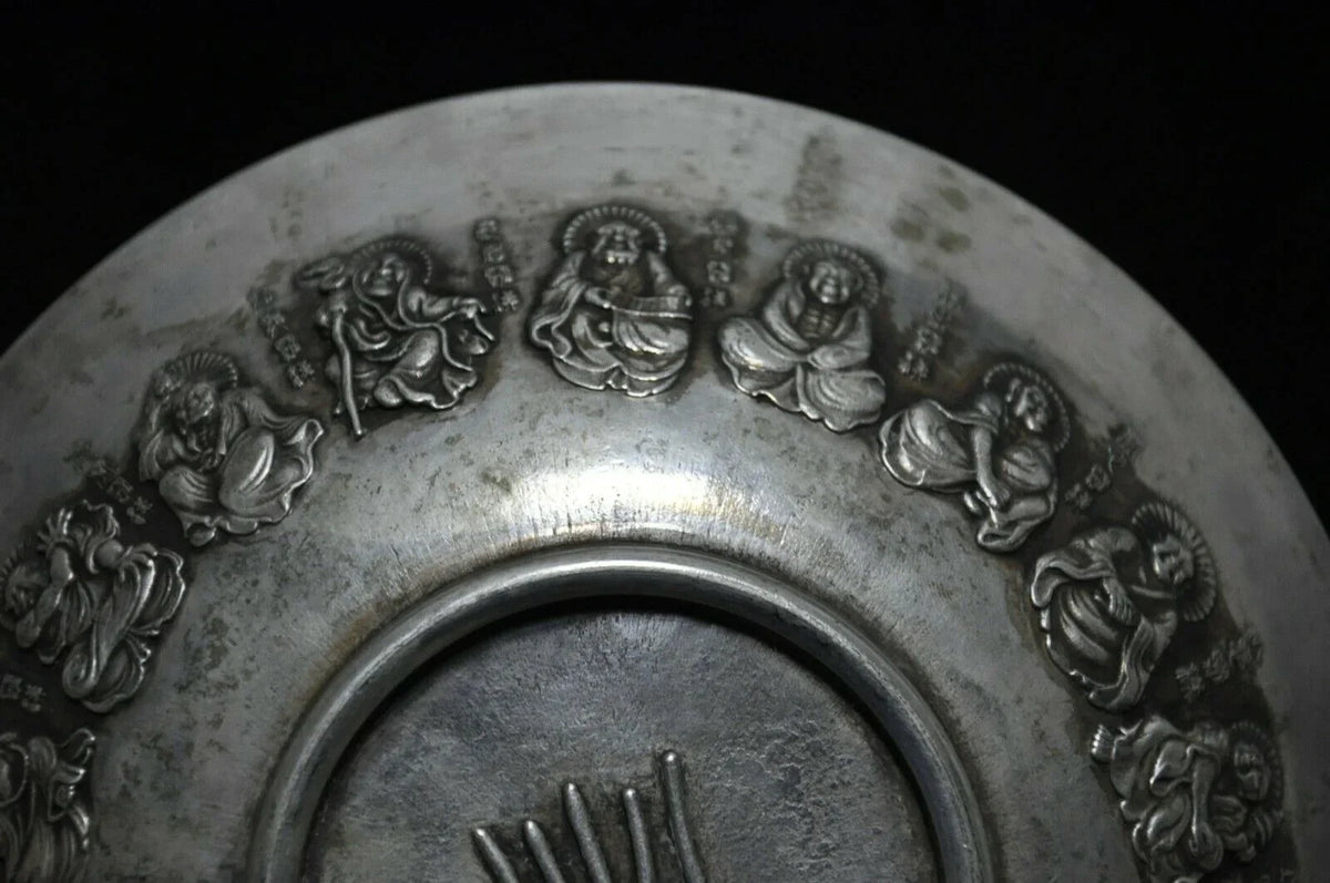 Old Tibetan Silver Lohan Plate – Buddhist Temple Offering Dish