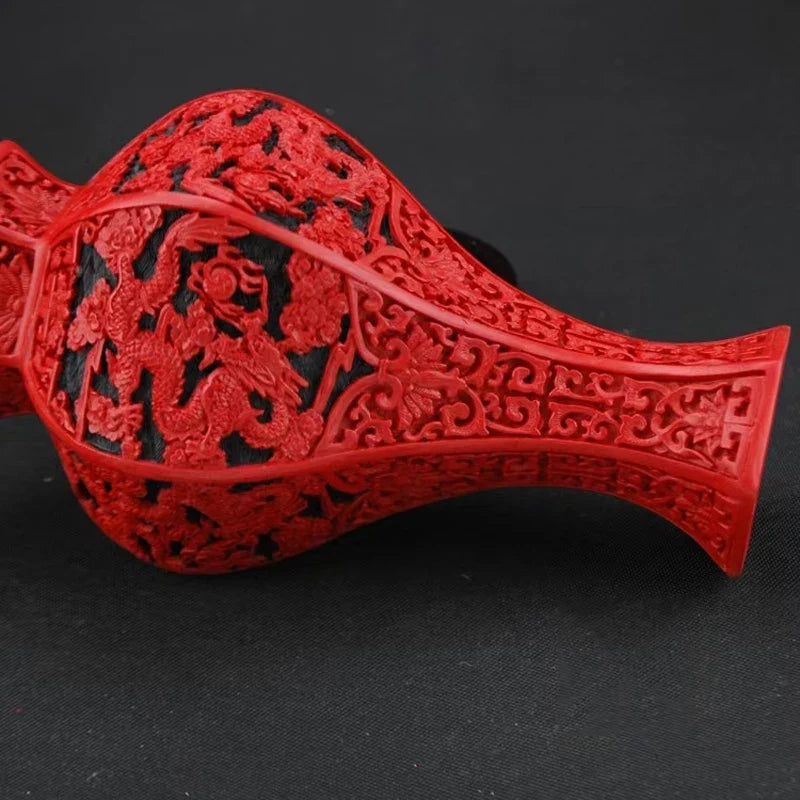 Red Lacquer Dragon Vase, 10" Chinese Auspicious Decor
