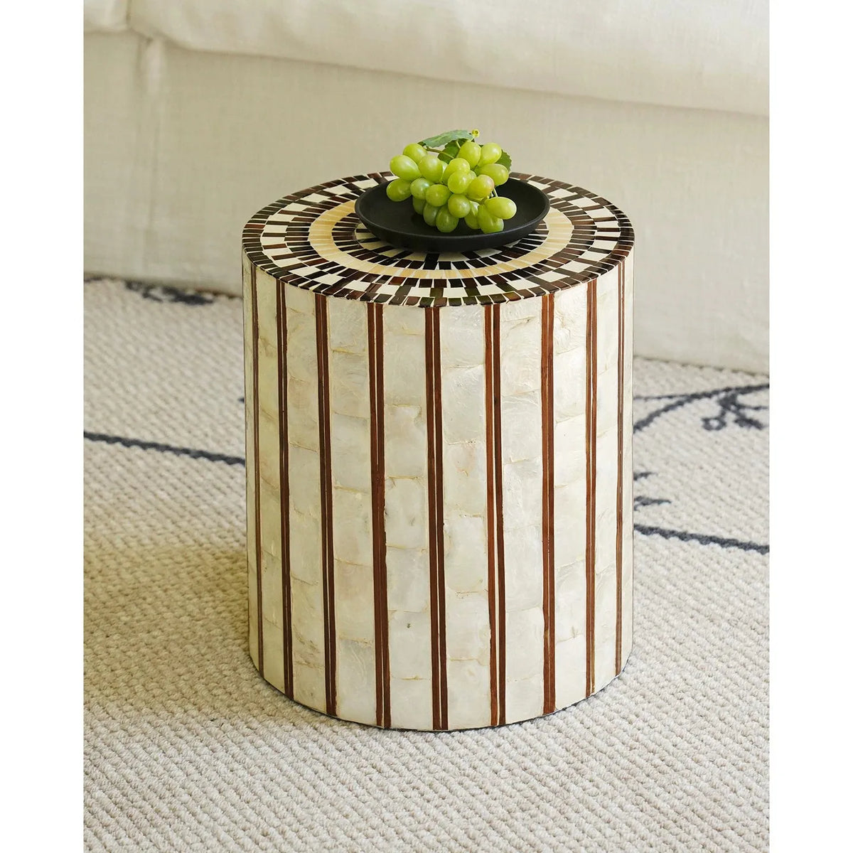 Artisanal Striped Shell Inlay Round Accent Table & Stool