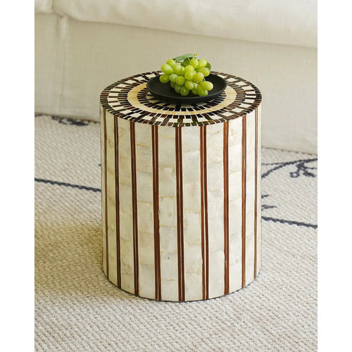 Artisanal Striped Shell Inlay Round Accent Table & Stool