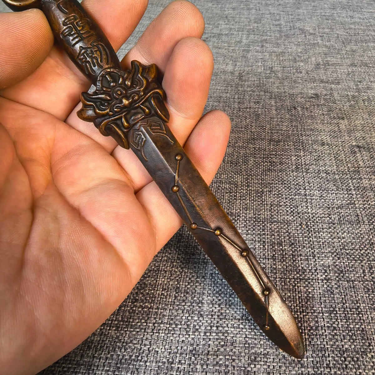 Tibetan Temple Brass Seven-Star Vintage Vajra Sword – Lion-Head Wenshu Phurpa Amulet
