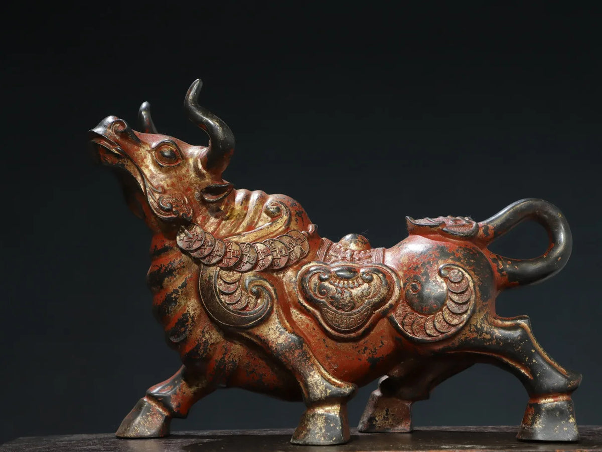 Tibetan Temple Bronze Zodiac Bull – Cinnabar & Mud-Gold Wealth Cattle (14")