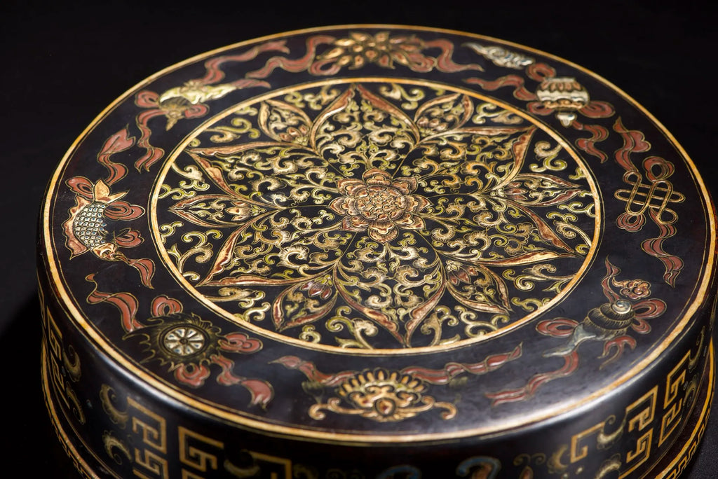 Old Wood Lacquerware Storage Box – Gold Floral & Bat Pattern (Study Wealth Ornament)