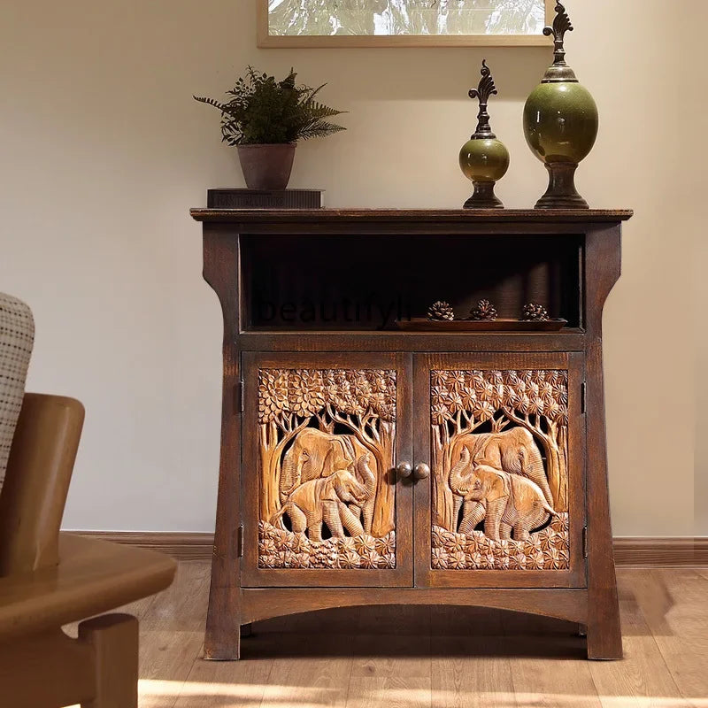 Southeast Asian Solid Wood Hand-Carved Entryway & Storage Cabinet